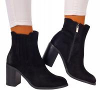 CZARNE BOTKI DAMSKIE ZAMSZOWE NA SŁUPKU NA OBCASIE WYGODNE