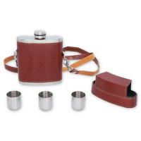 Piersiówka srebrna ekoskóra 240ml w zestawie z kieliszkami