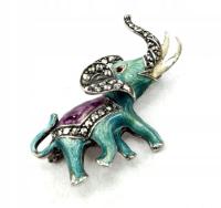 Vintage Stara srebrna broszka z markazytami słoń słonik emalia