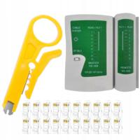 TESTER SIECIOWY, KABLI, ZACISKARKA, ŚCIĄGACZ IZOLACJI + 100 WTYKÓW RJ45 #