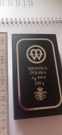 Sztabka Ag 100 g MENNICA POLSKA próba 999,9
