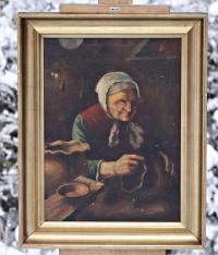 Starsza kobieta, robiąca naczynie, stary obraz olejny na płótnie