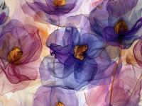 TKANINA SATYNA ALA JEDWAB WZÓR KWIATY 3D RÓŻE I FIOLETY