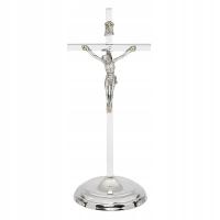 Krzyż metalowy stojący srebrny chromowany krzyż na kolędę do domu 16 cm