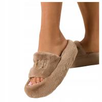 KAPCIE Beżowe Damskie DOMOWE Futrzane WYGODNE Na Platformie CEKIN