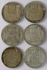 Lot Francja 6x10 franków, srebro 1930-1938, każdy rocznik inny