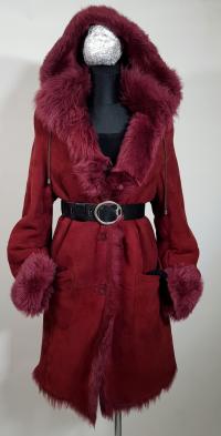 Naturalny kożuch jagnięca skóra toskan kaptur burgund ciepły M L 38 40
