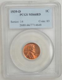 3.vv.USA, 1 CENT 1939 D PCGS MS66 RD