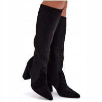 KOZAKI DAMSKIE NA OBCASIE SŁUPKU ELASTYCZNA CHOLEWKA WSUWANE CZARNE