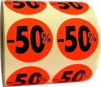 rabatówki etykiety samoprzylepne okrągłe czerwone z nadrukiem -50% 500szt.