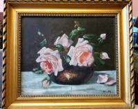 Stary obraz olej Szkoła Polska Martwa Natura dostojne Róże w wazonie rama