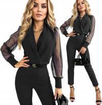 Kombinezon Awanti elegancki czarny długi rękaw kopertowy dekolt rurki