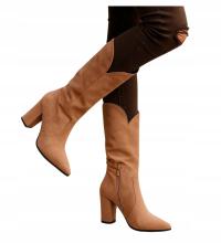 Kozaki damskie na obcasie Wygodne beżowe zamszowe buty na obcasie 16896