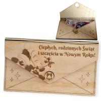 DREWNIANA KOPERTA NA PIENIĄDZE PREZENT Święta Mikołaj Z GRAWEREM