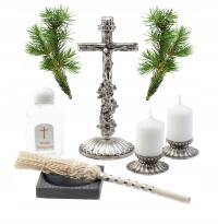 НАБОР ДЛЯ РОЖДЕСТВЕНСКОЙ ЕЛКИ СЕРЕБРЯНЫЙ НАБОР ДЛЯ РОЖДЕСТВЕНСКОЙ ЕЛКИ КРЕСТ СВЕЧИ СПРИНКЛЕРНАЯ БУТЫЛКА