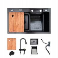 Zlewozmywak stalowy 75x46x22 z baterią kaskadową kolor Grafit Plastry Miodu