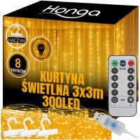 KURTYNA ŚWIETLNA NA OKNO 300 LED CIEPŁE 3x3m USB ŚWIĄTECZNE GIRLANDA PILOT