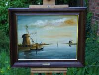 MARIA WOJECKA - PEJZAŻ Z WIATRAKIEM PIĘKNY OBRAZ OLEJNY NA PŁÓTNIE