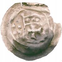 Brakteat, ramię z proporcem, 4 kule, Toruń, najstarsza moneta krzyżacka R6!