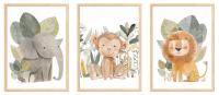 Zestaw 3 plakatów 30x40 cm Słodkie Zwierzęta Safari Dzikie Lew Słoń Małpka