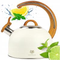 CZAJNIK STALOWY na GAZ 3L KREMOWY z GWIZDKIEM DREWNOPODOBNA RĄCZKA INDUKCJA