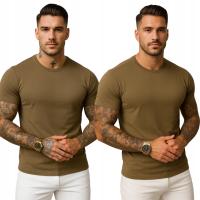 KOSZULKA MĘSKA BRĄZOWA - T-SHIRT PRZYLEGAJĄCY - SLIM FIT - ELASTYCZNA