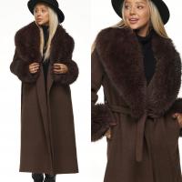 PŁASZCZ DAMSKI ZIMOWY wełniany z wełną futrem futro brązowy czekoladowy