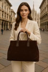 Duży zamszowy Worek A4 XL pojemny Włoska Skóra Shopper Vera Pelle Czekolada