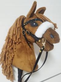 Ogłowie dla hobby horse A5 z futerkiem, czarny diamentowy naczółek