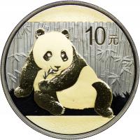 Chiny, 10 yuan 2015, Panda, 1 oz, Ag999, ruten + złocenie, st. 1-