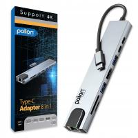 Adapter HUB 8w1 POLION USB-C przejściówka USB 3.0 PD HDMI 4K SD LAN