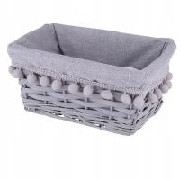 Koszyk Jasny Szary Z Pomponami 24x16x11 Mały Boho wiklinowy do łazienki