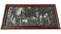 OBRAZ NA DESCE JEZIORO ŁABĘDZIE DREWNIANEJ RAMIE 41x82 cm STAN DOBRY