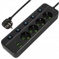 PRZEDŁUŻACZ LISTWA ZASILAJĄCA WŁĄCZNIK 2x USB 4 GNIAZD 3m UZIEMIENIE USB-C