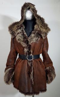 Naturalny kożuch Podhale toskan rudy brąz lekki długi włos kaptur L XL