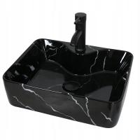 Ceramiczna Umywalka Nablatowa Prostokątna Marmur z Baterią i Korkiem Automatycznym