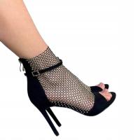 Czarne Eleganckie Gladiatorki Ażurowe Buty Szpilki Mega Cyrkonie