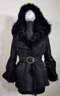 Naturalny kożuch komfort ramoneska toskan lekki długi włos kaptur S M