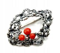 Modern Art Vintage Stara srebrna broszka z koralami TEKA Theodor Klotz