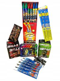 Zestaw fajerwerków na sylwestra rakiety, rzymskie ognie, baterie pirobajery