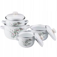 KOMPLET GARNKÓW EMALIOWANYCH Z POKRYWKAMI ZESTAW 8 ELEMENTÓW EUKALIPTUS