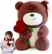 MIŚ PLUSZOWY Z RÓŻĄ 30 CM CZERWONOBRĄZOWY PREZENT NA WALENTYNK