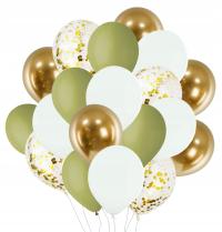 Zestaw Balonów Balony BOHO Złote Zielone Białe z Konfetti Urodziny 20szt.