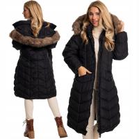 TECLA Luźna Zimowa Długa KURTKA Damska Pikowana PŁASZCZ Kaptur Futro Black