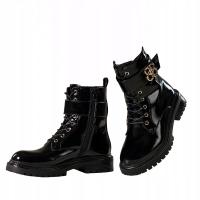 CZARNE DAMSKIE OCIEPLANE BOTKI GLANY WORKERY LAKIEROWANE