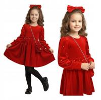 Sukienka CZERWONA dziewczęca z TOREBKĄ WELUROWA perełki