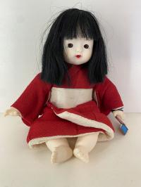 Antyczna japońska lalka, tradycyjne kimono, 7 Gofun Ichimatsu, szklane oczy