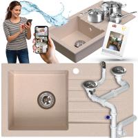 РАКОВИНА ИЗ ГРАНИТА С ОДНОЙ РАКОВИНОЙ С ДЛИННЫМ СЛИВОМ БЕЖЕВЫЙ СИФОН ХРОМ