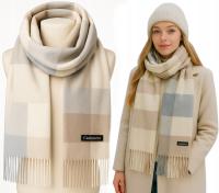 Piękny WEŁNIANY CIEPŁY SZAL damski KASZMIROWY w dotyku szalik KRATKA KOLORY