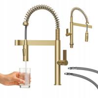 Bateria kuchenna spiralna wyciągana wylewka wysoka ZŁOTA kran ELARA